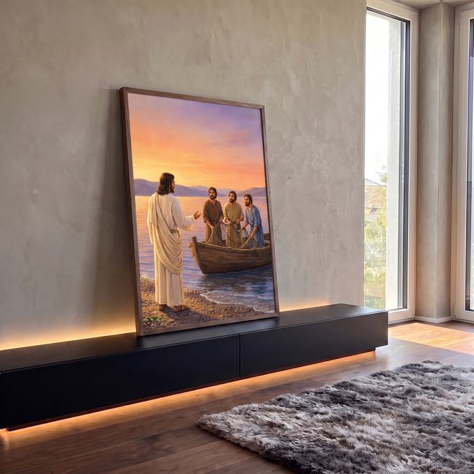 Quadro Decorativo Grande Jesus Chamando para Sala Laranja | quadros decorativos para sala | Jesus de costas conversando com três pescadores num barco ao pôr do sol | em Quadros para Sala | Porao dos Quadros