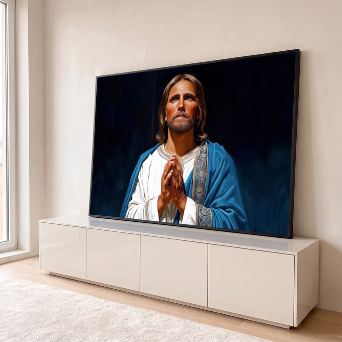 Jesus Cristo de mãos unidas em oração, manto azul e túnica branca sobre fundo escuro, quadro decorativo