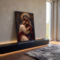 Quadro Decorativo Grande Pietà Nossa Senhora para Sala Azul | quadros decorativos para sala | Nossa Senhora abraçando Jesus com coroa de espinhos, véu azul dourado | em Quadros para Sala | Porao dos Quadros
