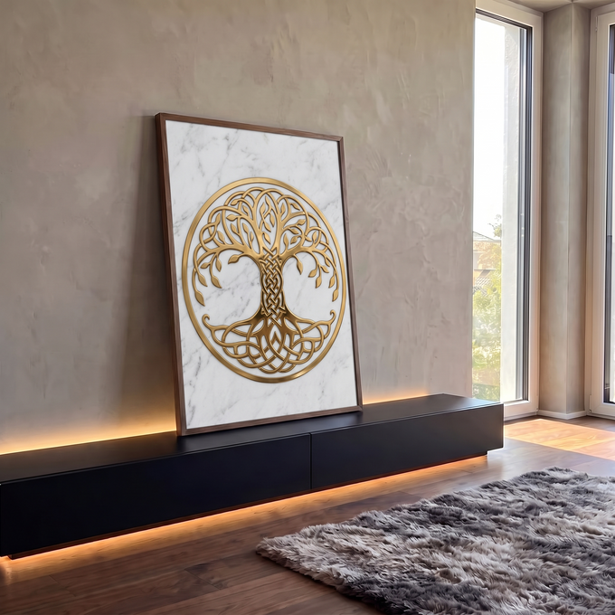 Quadro Decorativo Grande Árvore da Vida Celta para Sala | quadros decorativos para sala | árvore da vida dourada com nó celta em círculo sobre mármore branco | em Quadros para Sala | Porao dos Quadros