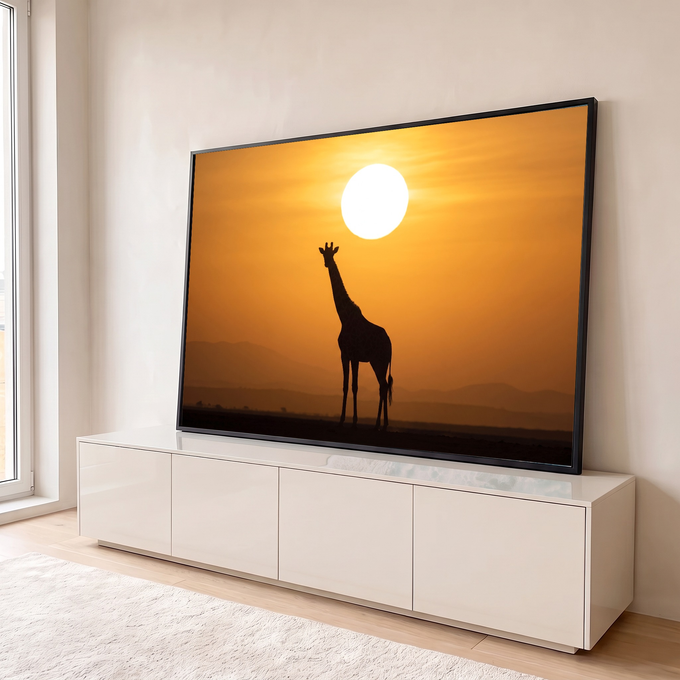 Silhueta de girafa sob sol gigante e céu laranja, com montanhas da savana africana ao fundo, quadro decorativo