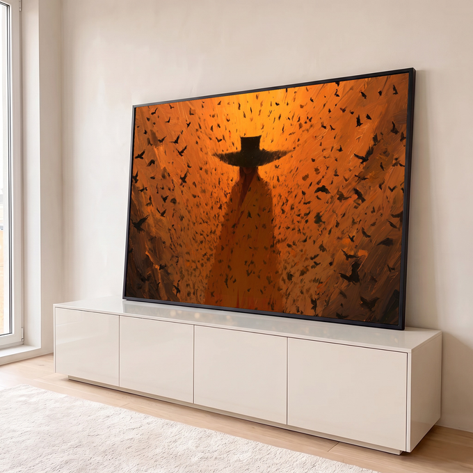 Figura de chapéu largo e manto longo cercada por corvos em voo, pintura em laranja, quadro decorativo