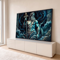 Quadro Decorativo Grande Deus do Mar para Sala Azul | quadros decorativos para sala | deus do mar com pele azulada, barba longa e tridente dourado em ondas escuras | em Quadros para Sala | Porao dos Quadros