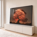 Quadro Decorativo Grande Árvore Solitária para Sala Vermelho | quadros decorativos para sala | árvore seca em silhueta contra lua vermelha gigante ao entardecer | em Quadros para Sala | Porao dos Quadros