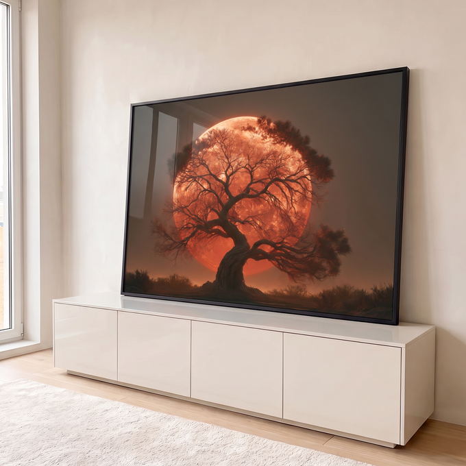 Quadro Decorativo Grande Árvore Solitária para Sala Vermelho | quadros decorativos para sala | árvore seca em silhueta contra lua vermelha gigante ao entardecer | em Quadros para Sala | Porao dos Quadros