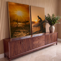 Quadro Decorativo Grande Surfistas ao Pôr do Sol para Sala | quadros decorativos para sala | surfistas em silhueta ao pôr do sol com pranchas e onda em tons laranja | em Quadros para Sala | Porao dos Quadros