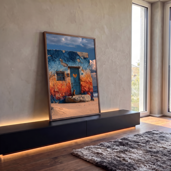 Casa de praia rústica azul e laranja com porta de coração e gato sentado na areia, quadro decorativo