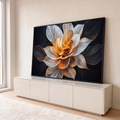 Quadro Decorativo Grande Flor Abstrata para Sala Laranja | quadros decorativos para sala | flor abstrata digital com pétalas brancas e centro laranja em espiral sobre fundo preto | em Quadros para Sala | Porao dos Quadros