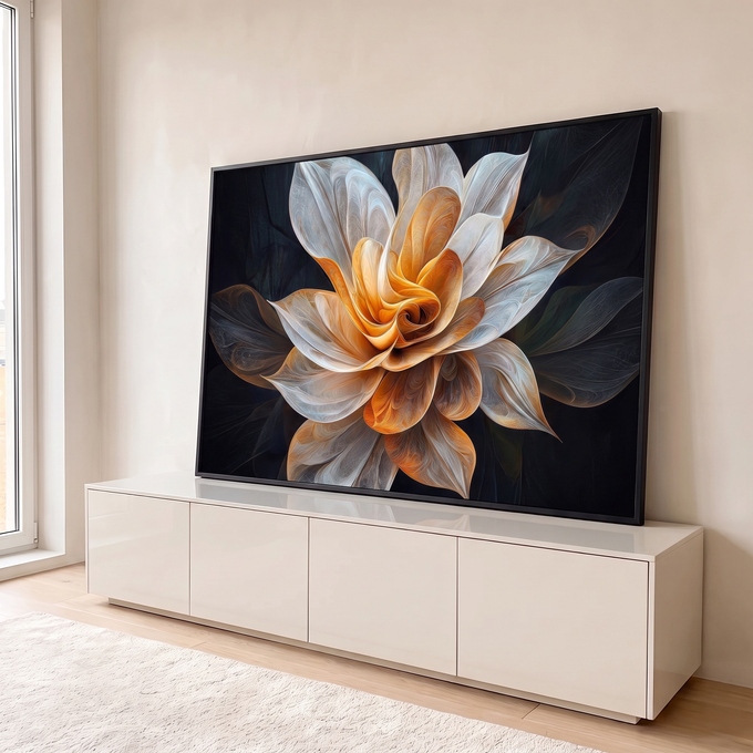 Quadro Decorativo Grande Flor Abstrata para Sala Laranja | quadros decorativos para sala | flor abstrata digital com pétalas brancas e centro laranja em espiral sobre fundo preto | em Quadros para Sala | Porao dos Quadros