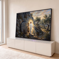 Jesus ressuscitado de túnica branca saindo do túmulo de pedra entre oliveiras e luz dourada, quadro decorativo