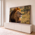 Leão macho de perfil com juba farta iluminada pelo sol dourado da savana africana, quadro decorativo