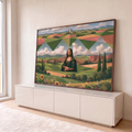 Mona Lisa numa paisagem toscana surreal com campos geométricos, ciprestes e girassóis, quadro decorativo