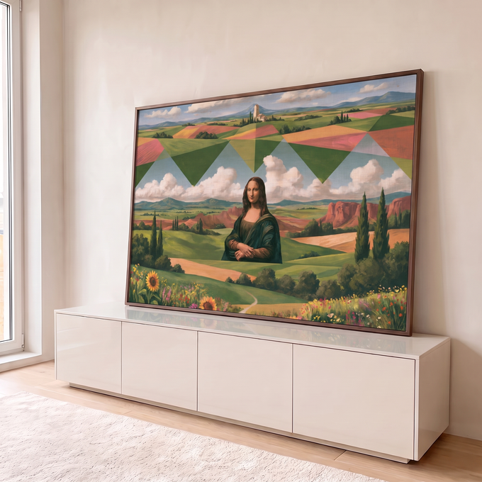 Mona Lisa numa paisagem toscana surreal com campos geométricos, ciprestes e girassóis, quadro decorativo