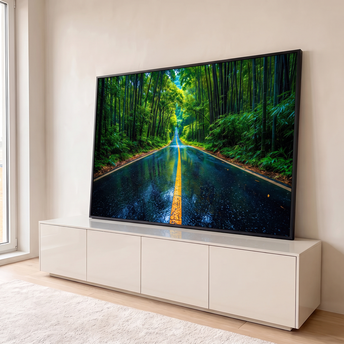 Quadro Decorativo Grande Estrada Molhada para Sala Verde | quadros decorativos para sala | estrada molhada em perspectiva atravessando densa floresta de bambu verde | em Quadros para Sala | Porao dos Quadros