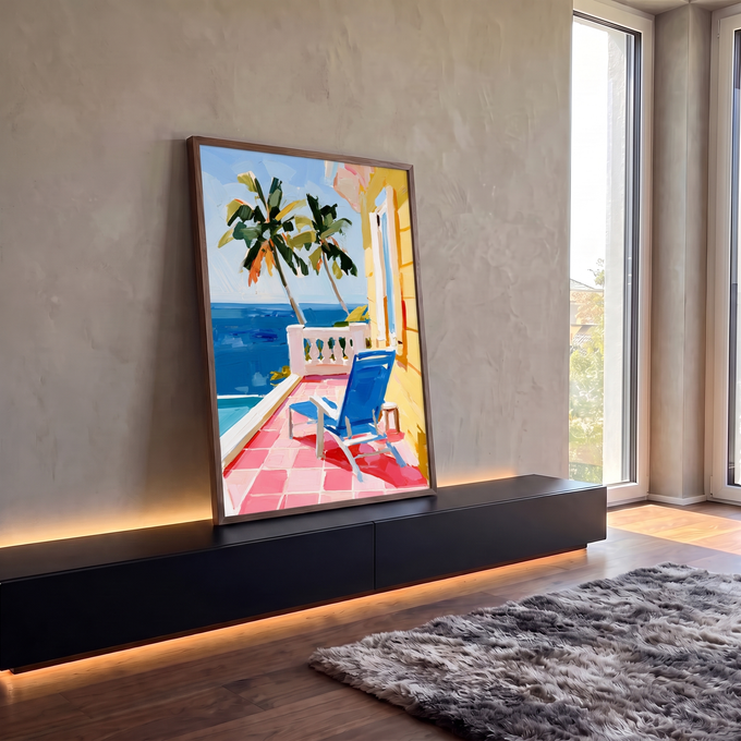 Quadro Decorativo Varanda Tropical com e Mar Azul | quadros decorativos para sala | varanda amarela com cadeira azul, piso rosa, e mar ao fundo | em Quadros para Sala | Porao dos Quadros