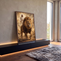 Quadro Decorativo Grande Leão com Coroa para Sala Dourado | quadros decorativos para sala | leão com coroa dourada caminhando com figura de Jesus ao fundo em névoa dourada | em Quadros para Sala | Porao dos Quadros