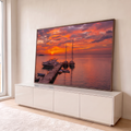Quadro Decorativo Grande Marina ao Pôr do Sol para Sala | quadros decorativos para sala | marina ao pôr do sol com veleiros e barcos em céu laranja e vermelho | em Quadros para Sala | Porao dos Quadros