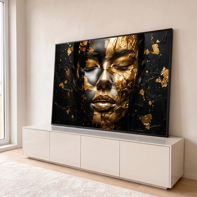 Rosto feminino de olhos fechados coberto por folhas de ouro sobre fundo preto texturizado, quadro decorativo