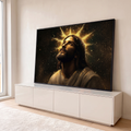 Quadro Decorativo Grande Jesus Luz Divina para Sala Preto | quadros decorativos para sala | Jesus Cristo olhando para cima com auréola dourada em forma de estrela sobre fundo escuro | em Quadros para Sala | Porao dos Quadros