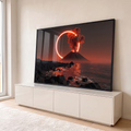 Quadro Decorativo Grande Vulcão em Erupção para Sala Preto | quadros decorativos para sala | vulcão em erupção com fumaça vermelha dentro de um anel de luz dourada | em Quadros para Sala | Porao dos Quadros