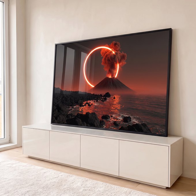 Quadro Decorativo Grande Vulcão em Erupção para Sala Preto | quadros decorativos para sala | vulcão em erupção com fumaça vermelha dentro de um anel de luz dourada | em Quadros para Sala | Porao dos Quadros