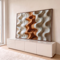 Quadro Decorativo Grande Ondas Abstratas para Sala Bege | quadros decorativos para sala | ondas abstratas verticais em bege e marrom com textura amadeirada | Porao dos Quadros