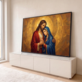 Quadro Decorativo Grande Jesus e Maria Dourado para Sala | quadros decorativos para sala | Jesus e Maria abraçados com mãos entrelaçadas sobre fundo dourado em mosaico | em Quadros para Sala | Porao dos Quadros
