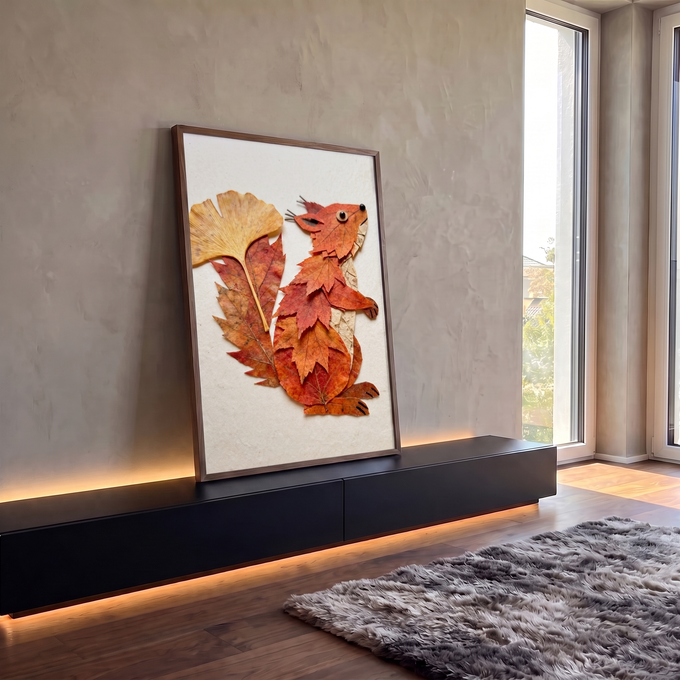 Esquilo montado com folhas secas de bordo e ginkgo em tons laranja sobre fundo creme, quadro decorativo