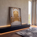Quadro Decorativo Grande Anjos Dourados para Sala Dourado | quadros decorativos para sala | quatro anjos dourados em oração diante de portão ornamentado de ouro entre colunas de mármore | em Quadros para Sala | Porao dos Quadros