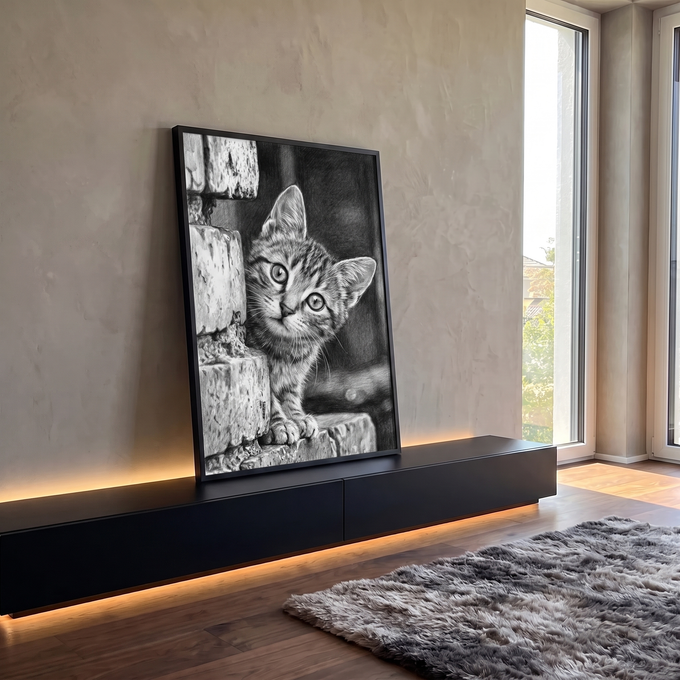 Filhote de gato listrado espiando entre degraus de pedra em grafite preto e branco, quadro decorativo