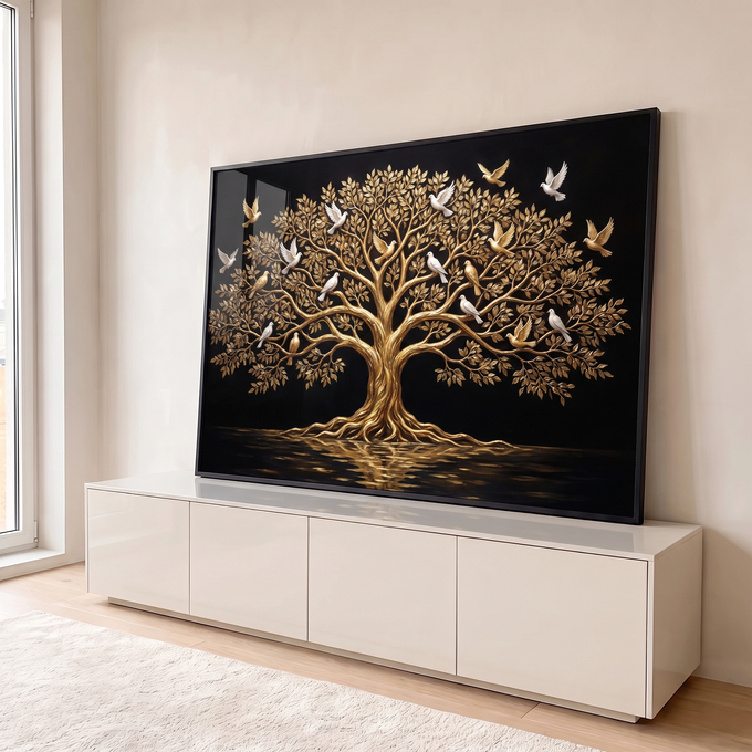 Quadro Decorativo Grande Árvore Dourada para Sala Preto | quadros decorativos para sala | árvore dourada com pombas brancas voando sobre fundo preto | em Quadros para Sala | Porao dos Quadros