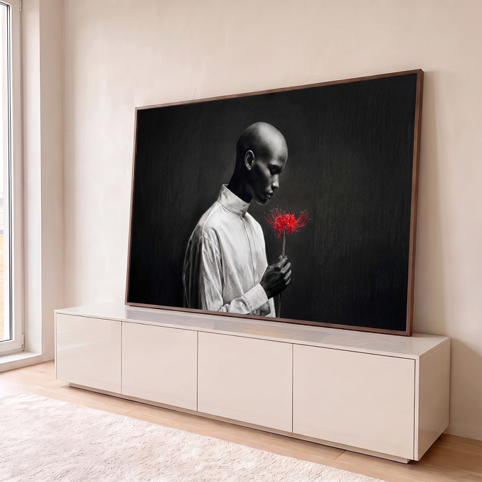 Homem negro de perfil com camisa branca segurando flor vermelha sobre fundo preto, quadro decorativo