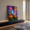 Quadro Decorativo Grande Árvore Seca com Céu para Sala Azul | quadros decorativos para sala | árvore seca sob céu dividido em quatro atmosferas diferentes, sol, lua e estrelas | em Quadros para Sala | Porao dos Quadros