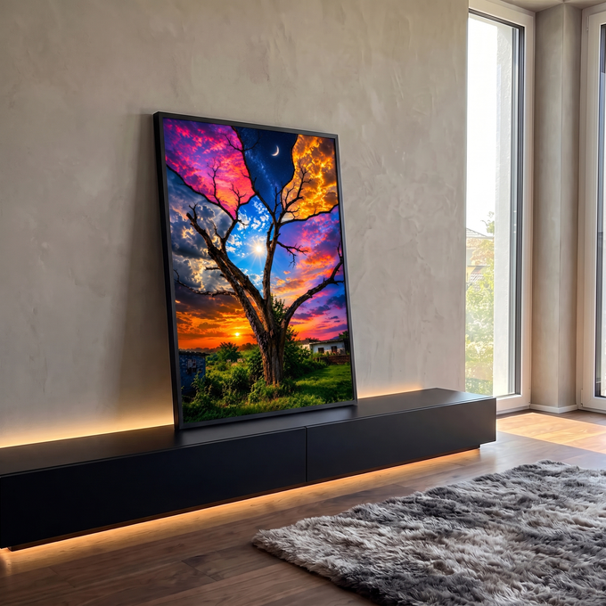 Quadro Decorativo Grande Árvore Seca com Céu para Sala Azul | quadros decorativos para sala | árvore seca sob céu dividido em quatro atmosferas diferentes, sol, lua e estrelas | em Quadros para Sala | Porao dos Quadros
