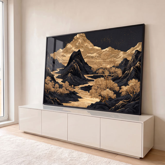 Quadro Decorativo Grande Montanhas Douradas para Sala Preto | quadros decorativos para sala | montanhas negras e douradas com rio dourado e céu estrelado escuro | em Quadros para Sala | Porao dos Quadros