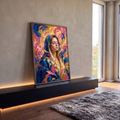 Quadro Decorativo Grande Nossa Senhora Manto para Sala Azul | quadros decorativos para sala | mulher com véu azul e halo dourado em fundo abstrato colorido | em Quadros para Sala | Porao dos Quadros