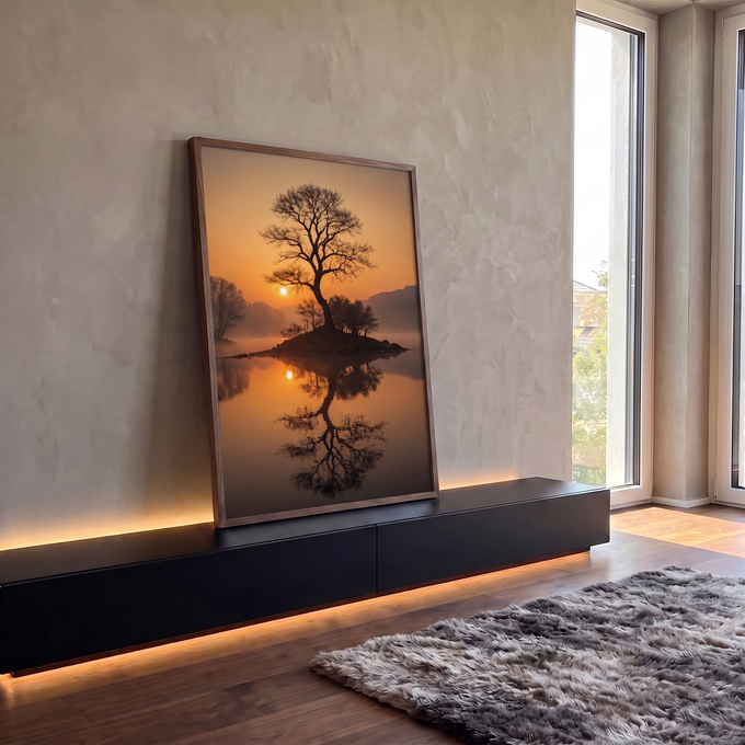 Árvore sem folhas em ilhota ao pôr do sol, refletida no lago com névoa e céu laranja, quadro decorativo