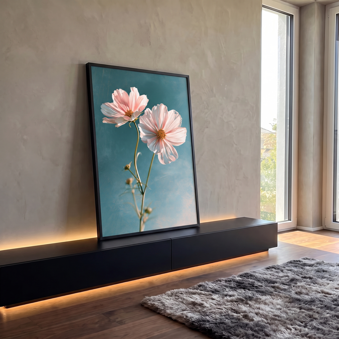 Quadro Decorativo Flores Cosmos Rosa em Fundo Azul Petróleo | quadros decorativos para sala | duas flores cosmos rosa e branca com centro amarelo sobre fundo azul petróleo | em Quadros para Sala | Porao dos Quadros