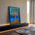 Quadro Decorativo Grande Árvore da Vida para Sala Azul | quadros decorativos para sala | árvore estilizada em efeito vitral com tronco dourado, folhas verdes e frutos vermelhos sobre fundo azul | em Quadros para Sala | Porao dos Quadros