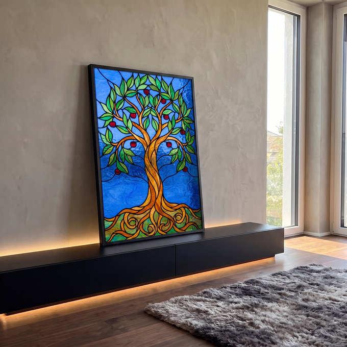 Quadro Decorativo Grande Árvore da Vida para Sala Azul | quadros decorativos para sala | árvore estilizada em efeito vitral com tronco dourado, folhas verdes e frutos vermelhos sobre fundo azul | em Quadros para Sala | Porao dos Quadros