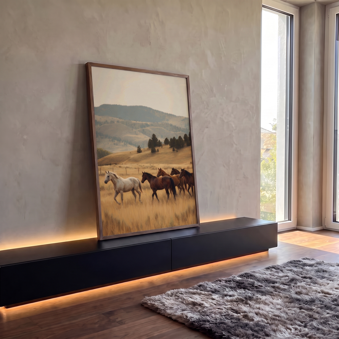 Manada de cavalos, um branco e quatro castanhos, em campo dourado com colinas ao fundo, quadro decorativo