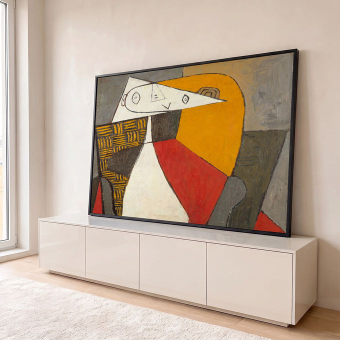 Quadro Decorativo Grande Retrato Cubista para Sala Laranja | quadros decorativos para sala | retrato cubista com face triangular branca, fundo laranja, vermelho e cinza | em Quadros para Sala | Porao dos Quadros