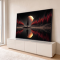 Quadro Decorativo Grande Lua Dourada para Sala Preto | quadros decorativos para sala | lua dourada e avermelhada entre montanhas com pinheiros vermelhos refletidos no lago | em Quadros para Sala | Porao dos Quadros