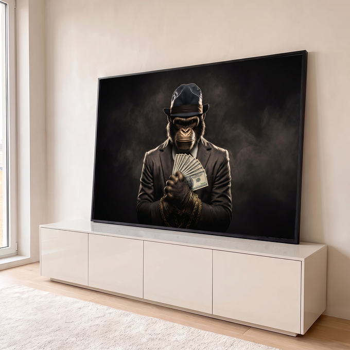 Gorila de terno e chapéu segurando notas de dólar com correntes douradas em fundo escuro, quadro decorativo
