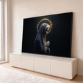 Quadro Decorativo Grande Nossa Senhora em Véu para Sala Azul | quadros decorativos para sala | Nossa Senhora de perfil com véu azul estrelado e auréola dourada em raios | em Quadros para Sala | Porao dos Quadros