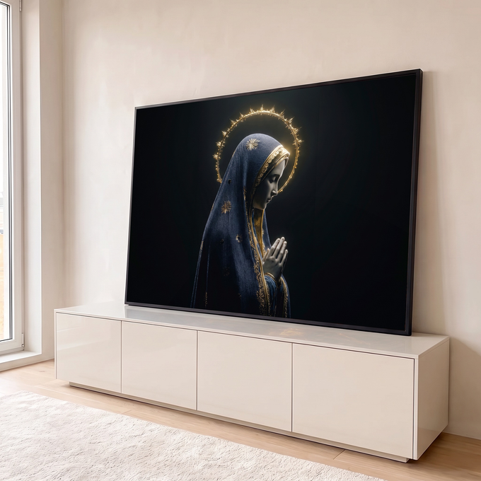 Quadro Decorativo Grande Nossa Senhora em Véu para Sala Azul | quadros decorativos para sala | Nossa Senhora de perfil com véu azul estrelado e auréola dourada em raios | em Quadros para Sala | Porao dos Quadros