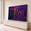 Quadro Decorativo Grande Casa Roxa para Sala Roxo | quadros decorativos para sala | casa roxa à beira-mar com lua cheia dourada e dois gatos observando ao entardecer | em Quadros para Sala | Porao dos Quadros