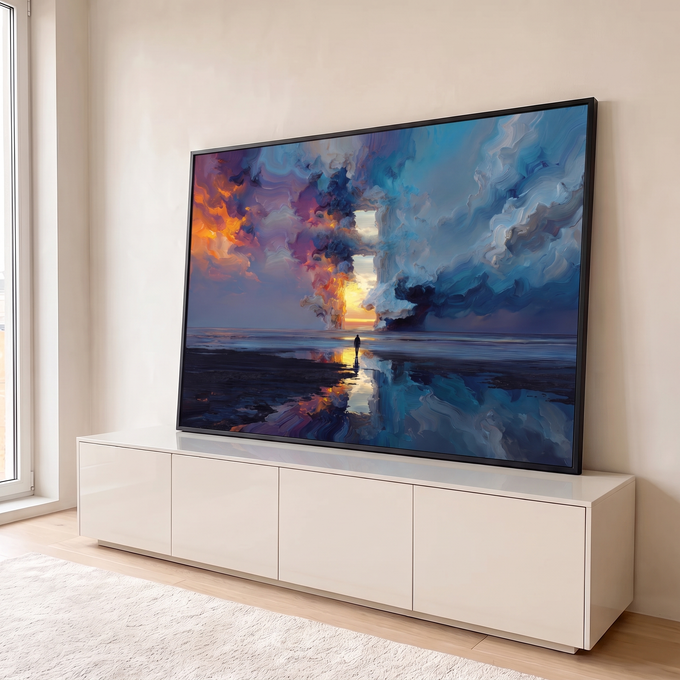 Figura solitária diante de portal de luz entre nuvens azuis e laranja refletidas na água, quadro decorativo