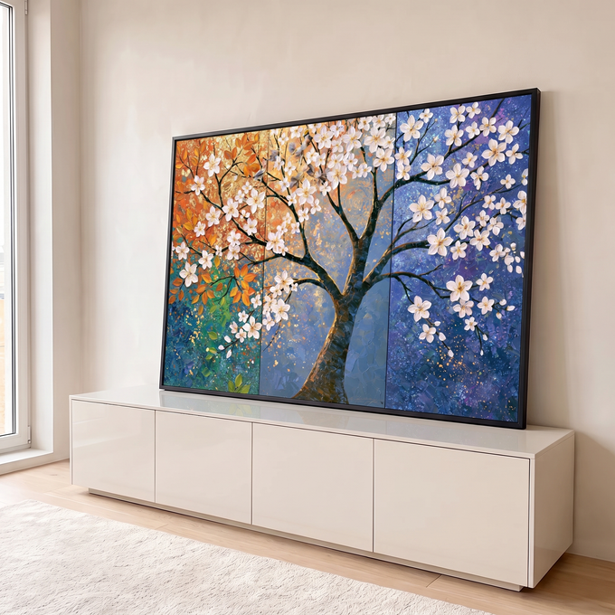 Quadro Decorativo Grande Árvore Florida para Sala Azul | quadros decorativos para sala | árvore florida branca sobre fundo que mistura tons dourados e azul estrelado | em Quadros para Sala | Porao dos Quadros