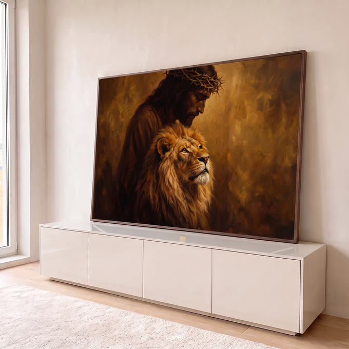 Jesus com coroa de espinhos ao lado do leão de Judá em pintura a óleo dourada, quadro decorativo
